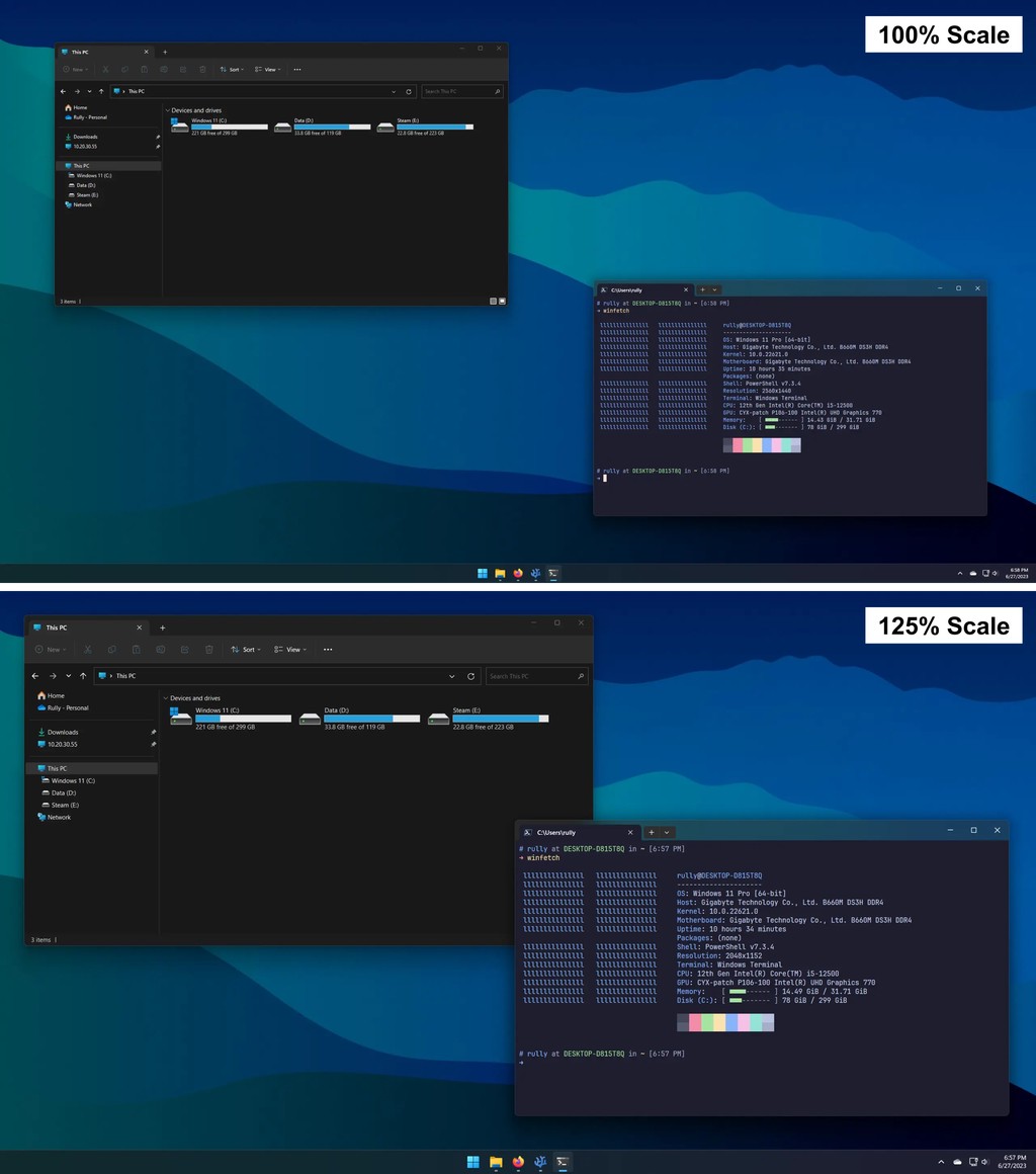 Perbandingan display scaling di Windows 11