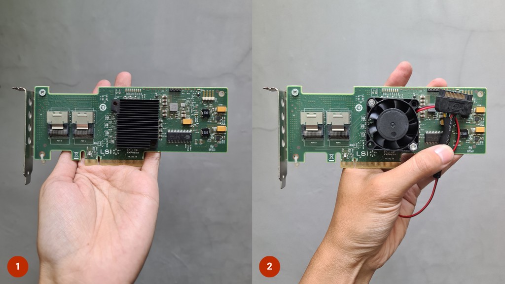 HBA LSI 9210-8i card, sebelum dan sesudah modifikasi fan