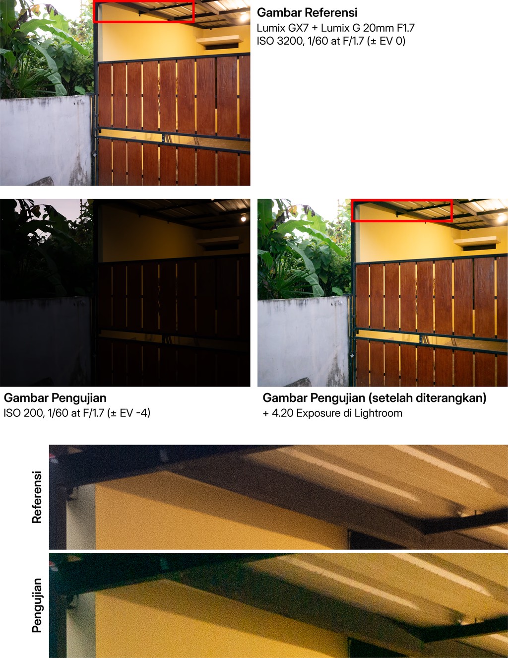 side-by-side result after the first image being adjusted to match the exposure of second image