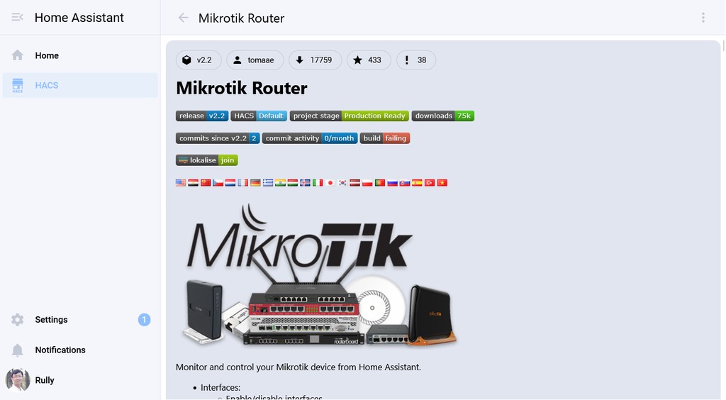 Mikrotik Router Custom Integration di Home Assistant